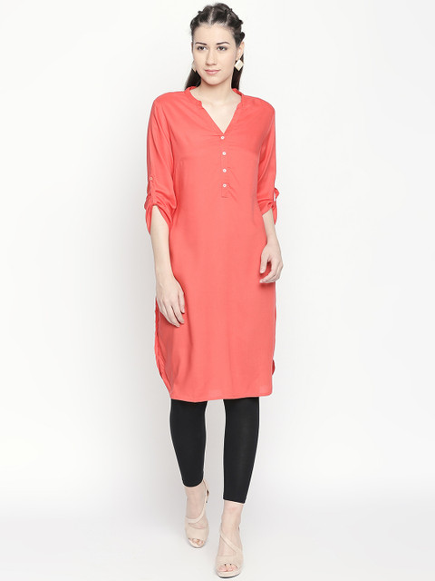 

RANGMANCH BY PANTALOONS Women Coral Pink Solid Straight Kurta