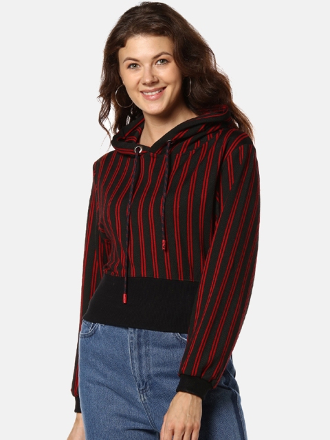 

Campus Sutra Women Red & Black Striped Hooded Sweatshirt