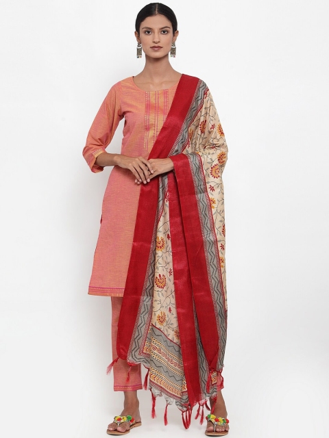 

Jompers Women Pink & Beige Woven Design Kurta with Trousers & Dupatta