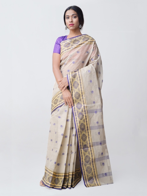

Unnati Silks Beige & Blue Pure Cotton Woven Design Taant Sustainable Saree