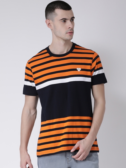 

Club York Men Orange & Navy Blue Striped Round Neck T-shirt
