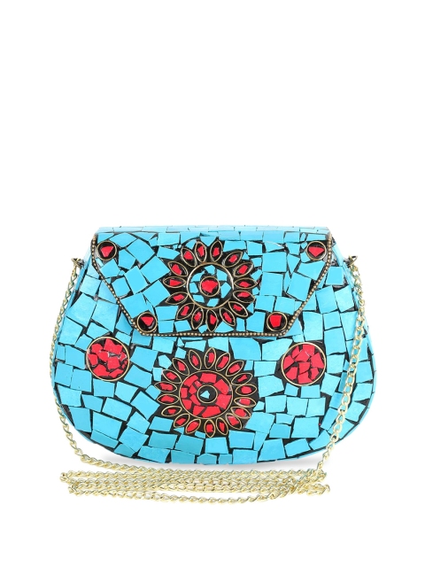 

VOILA Turquoise Blue & Red Textured Clutch