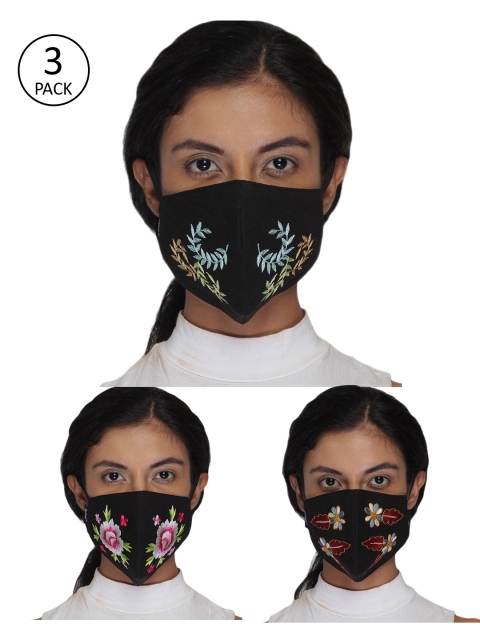 

Anekaant Women Pack of 3 Embroidered 3-Ply Reusable Cloth Masks, Black