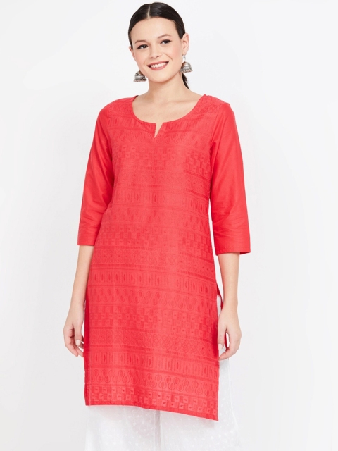 

Melange by Lifestyle Women Coral Pink Embroidered Straight Kurta
