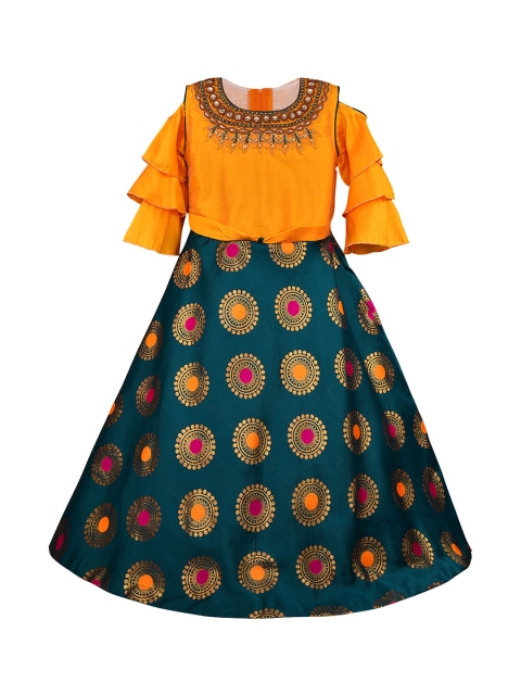 

Wish Karo Girls Green & Yellow Colourblocked Maxi Dress