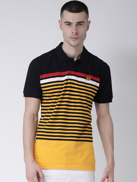 

Club York Men Navy Blue & Yellow Striped Polo Collar T-shirt