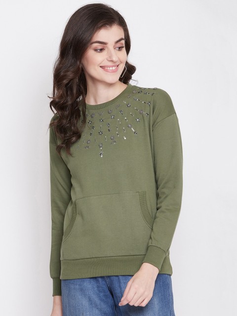 

PERFKT-U Women Olive Green Embellished Sweatshirt