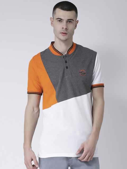 

Club York Men White & Charcoal Grey Colourblocked Mandarin Collar T-shirt