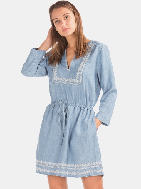

GAP Women Blue Embroidered A-Line Dress