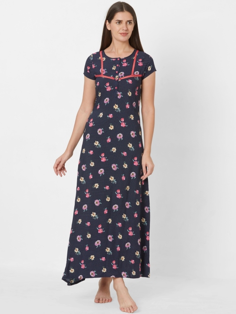 

Sweet Dreams Navy Blue & Pink Floral Printed Nightdress
