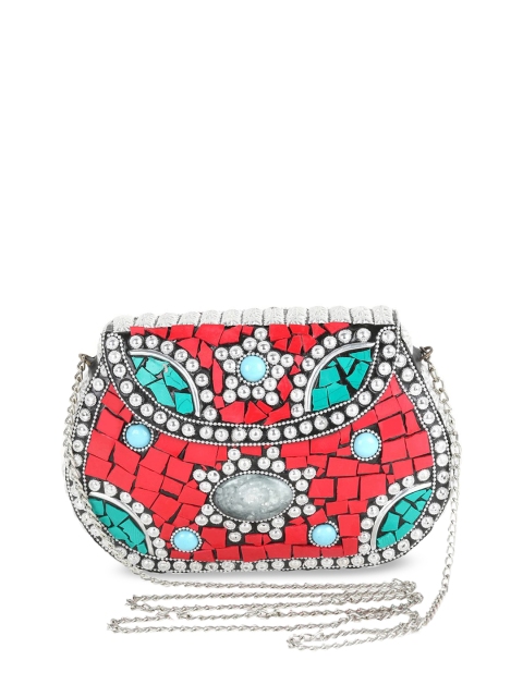 

VOILA Red & Turquoise Blue Embellished Clutch