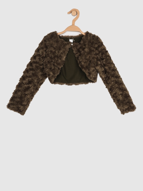 

Peppermint Girls Olive Green Self Design Open Front Shrug