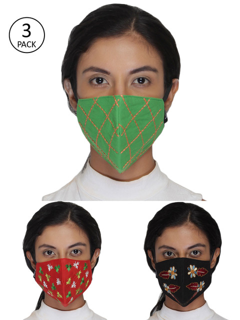 

Anekaant Women Pack of 3 Multicolor 3-Ply Reusable Cotton Embroidered Cloth Mask, Red