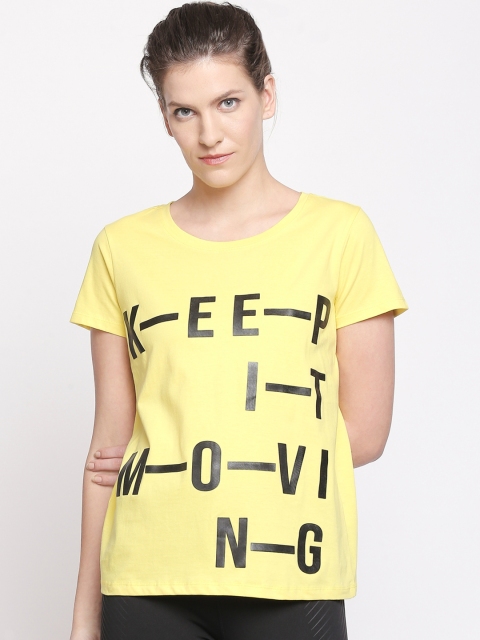 

Ajile by Pantaloons Women Yellow Printed Round Neck Pure Cotton T-shirt