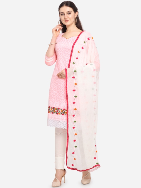 Ethnic Junction Pink & Off-White Embroidered Unstitched Dress Material