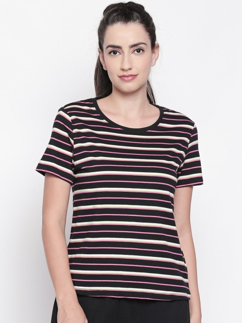 

Ajile by Pantaloons Women Black & Pink Striped Round Neck T-shirt