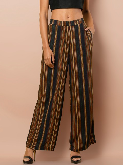 

INDYA Women Black & Brown Striped Parallel Trousers