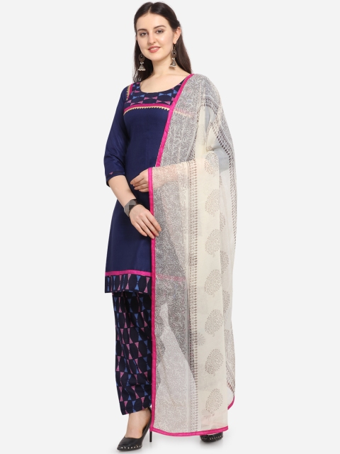 

Ethnic Junction Navy Blue & White Cotton Blend Unstitched Dress Material
