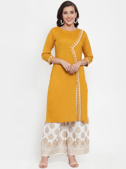 

Jompers Women Mustard Yellow & Off-White Embroidered Kurta with Palazzos