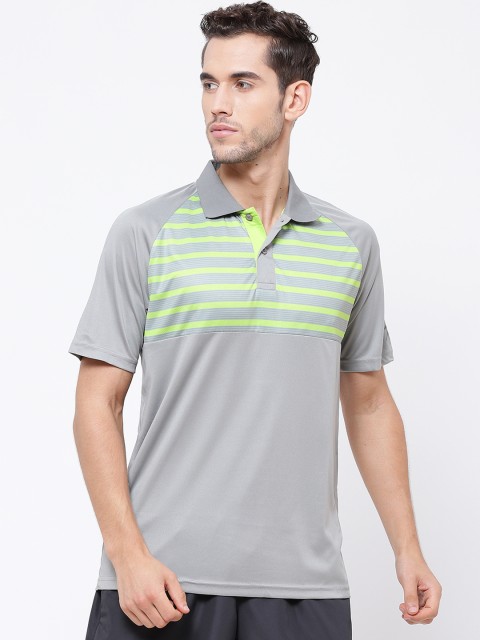 

SG Men Grey & Fluorescent Green Striped Polo Collar T-shirt