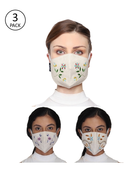 

Anekaant Women Pack of 3 Grey 3-Ply Reusable Cotton Embroidered Cloth Mask