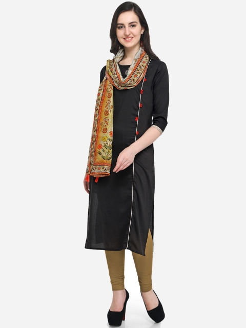

Stylee LIFESTYLE Women Black & Yellow Solid Straight Kurta with Dupatta