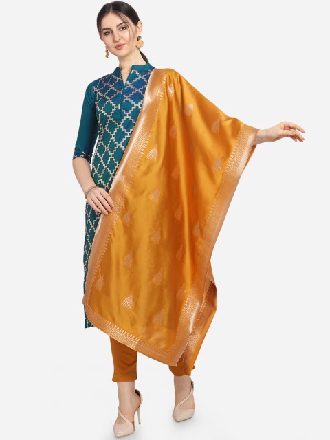 

Kvsfab Teal Blue & Mustard Yellow Silk Blend Unstitched Dress Material