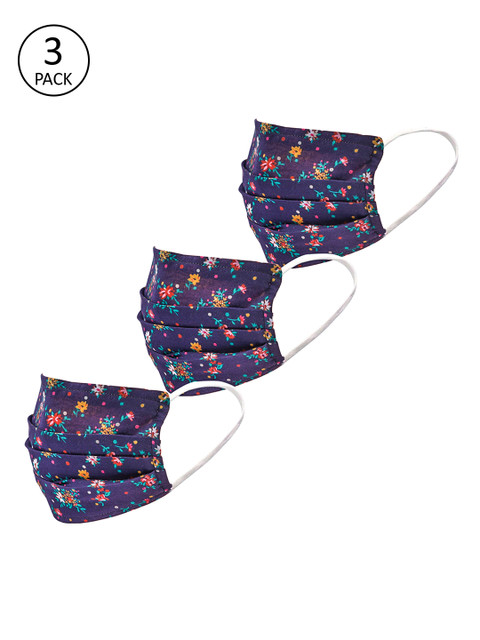 

LEGAL BRIBE Women 3-Pcs Navy Blue Floral Printed 3-Ply Anti-Dust Reusable Masks