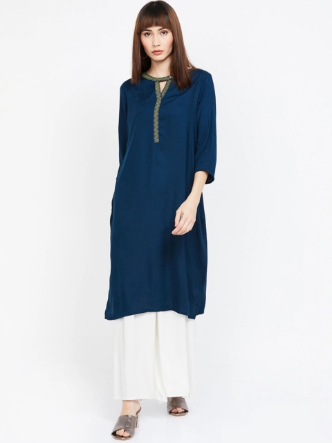 

Melange by Lifestyle Women Navy Blue Yoke Design Straight Kurta