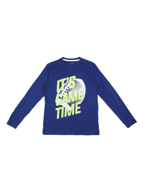 

POPPERS by Pantaloons Boys Navy Blue Green Printed Round Neck Pure Cotton T-shirt