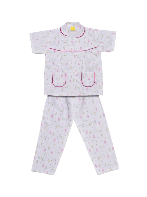 

Wish Karo Girls White & Pink Printed Night suit