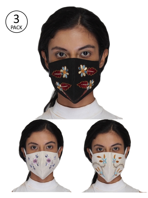 

Anekaant Women 3 Pcs 3 Ply Reusable Embroidered Cloth Masks, Multi