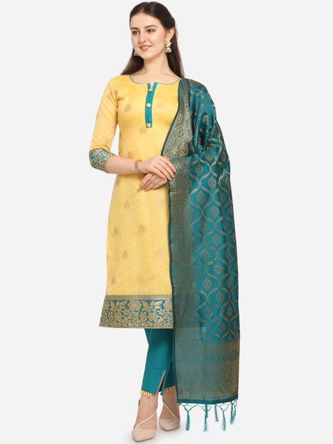 

Ethnic Junction Yellow & Teal Blue Woven Design Unstitched Dress Material