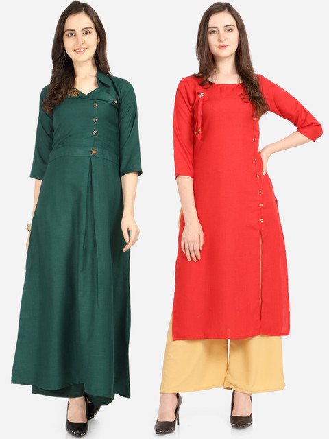 

Silk Bazar Women Pack Of 2 Solid Straight Kurtas, Green