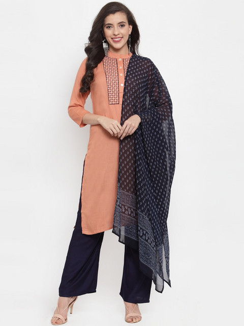 

Jompers Women Peach-Coloured & Blue Embroidered Kurta with Palazzos & Dupatta