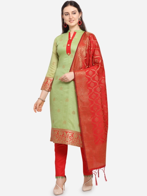 

Ethnic Junction Green & Red Woven Design Unstitched Dress Material