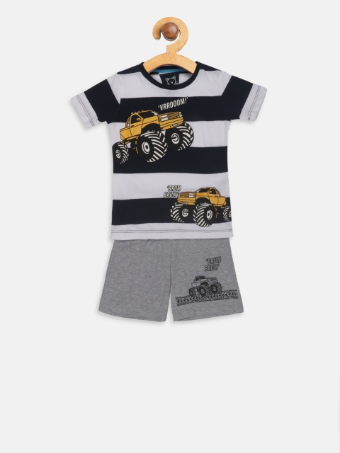 

Lazy Shark Boys White & Navy Blue Printed T-shirt with Shorts