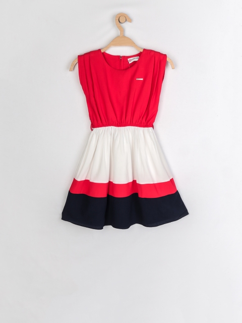 

Peppermint Girls Peach-Coloured & White Colourblocked Fit and Flare Dress