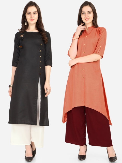 

Silk Bazar Women Pack Of 2 Black & Peach-Coloured Solid A-Line Kurta