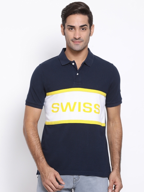 

SWISS MILITARY Men Navy Blue & White Colourblocked Polo Collar T-shirt
