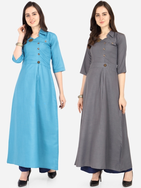 

Silk Bazar Women Set of 2 Sky Blue & Grey Solid A-Line Kurta, Turquoise blue