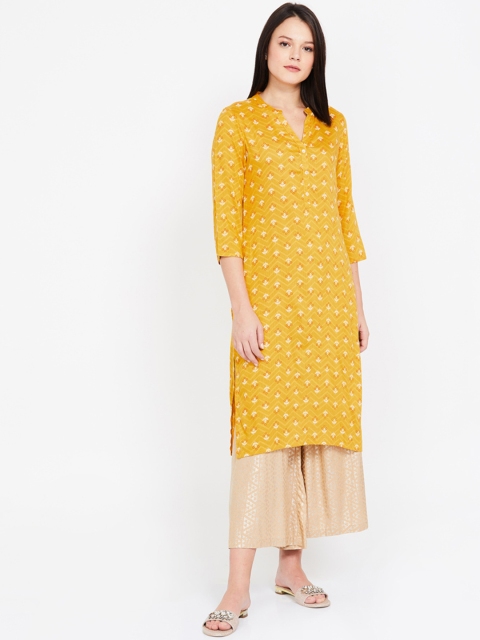 

Melange by Lifestyle Women Mustard Yellow & White Floral Print Straight Kurta