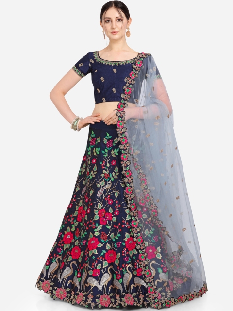 

Stylee LIFESTYLE Navy Blue Jacquard Semi-Stitched Lehenga & Blouse with Dupatta