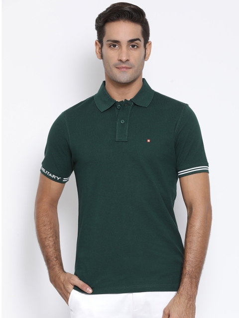 

SWISS MILITARY Men Green Solid Polo Collar Pure Cotton T-shirt