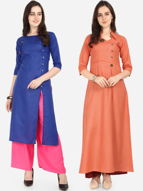 

Silk Bazar Women Pack Of 2 Blue & Orange Solid A-Line Kurtas