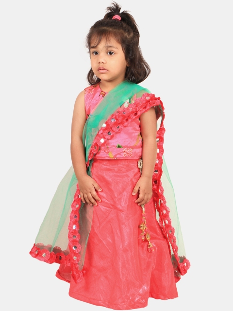 

PASSION PETALS Girls Pink & Red Embellished Ready to Wear Lehenga & Blouse with Dupatta