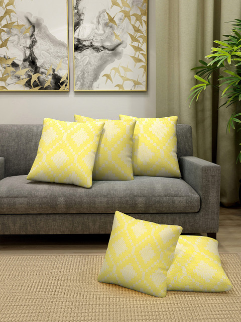 

KLOTTHE Set of 5 Yellow & Off-White Self Design Square Floor Cushions
