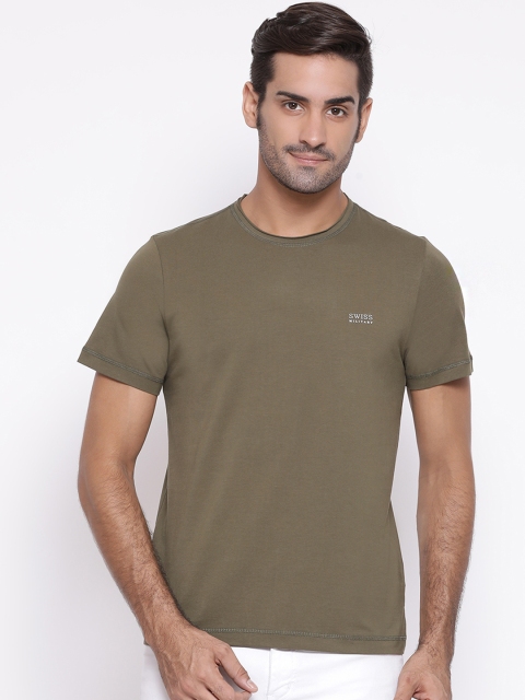 

SWISS MILITARY Men Olive Green Slim Fit Solid Round Neck Pure Cotton T-shirt