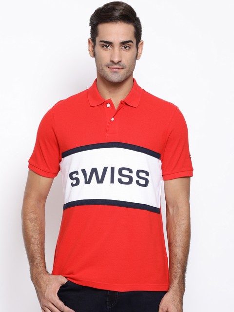 

SWISS MILITARY Men Red & White Colourblocked Polo Collar T-shirt