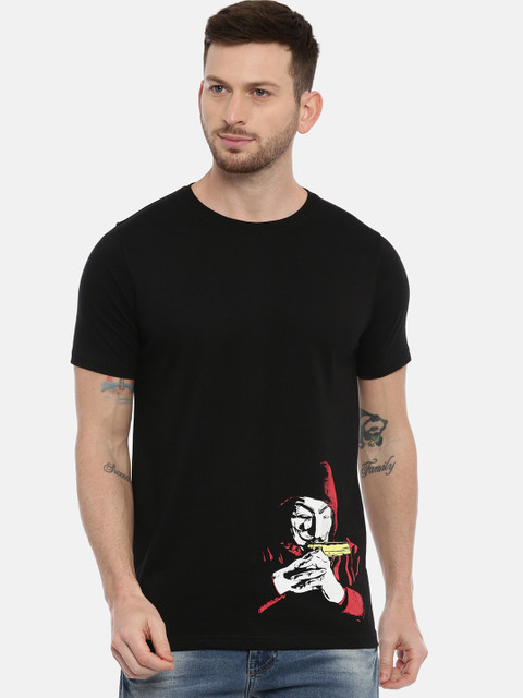 

Bushirt Men Black White Printed Round Neck Pure Cotton T-shirt